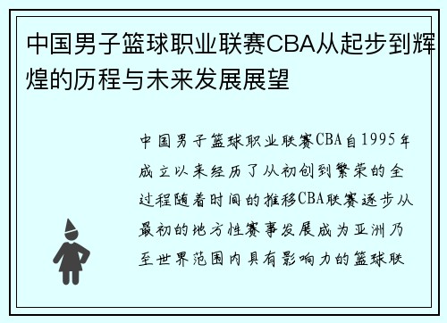 中国男子篮球职业联赛CBA从起步到辉煌的历程与未来发展展望
